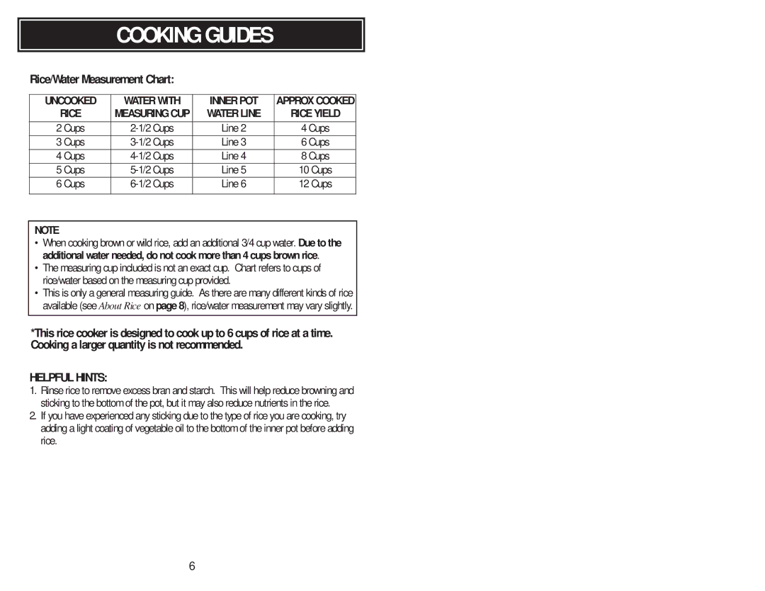 Aroma ARC-1266F instruction manual Cooking Guides, Rice/Water Measurement Chart 