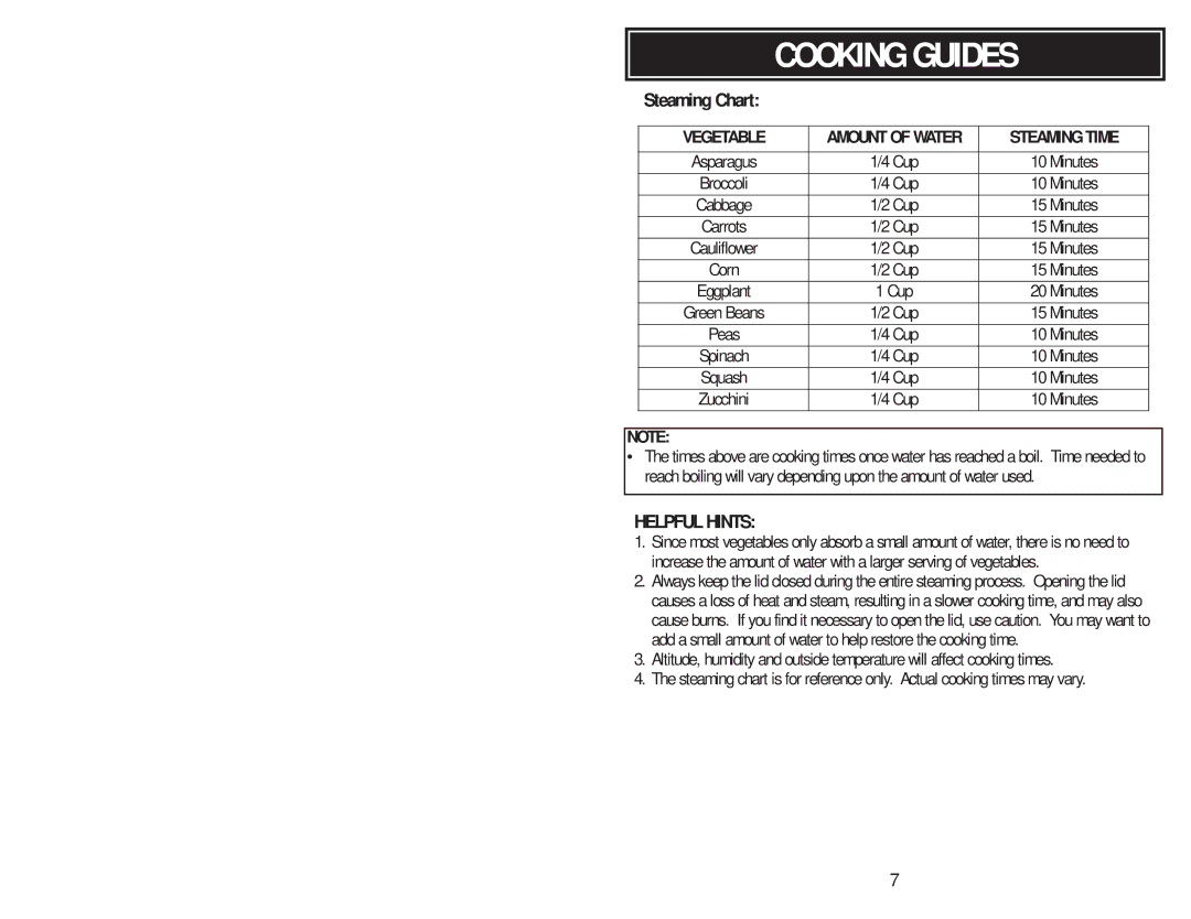 Aroma ARC-1266F instruction manual Steaming Chart 