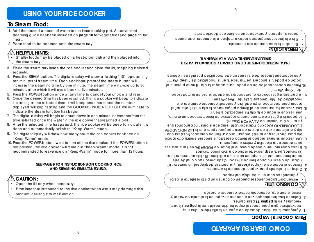 Aroma ARC-150SB instruction manual To Steam Food, Helpful Hints 