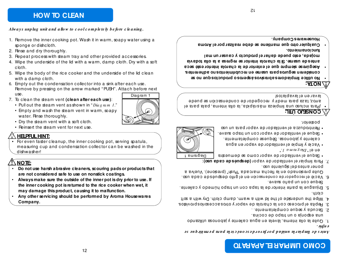 Aroma ARC-150SB HOW to Clean, Aparato EL Limpiar Como, Diagram, Agua en vapor de ventilador el limpie y Vacíe 