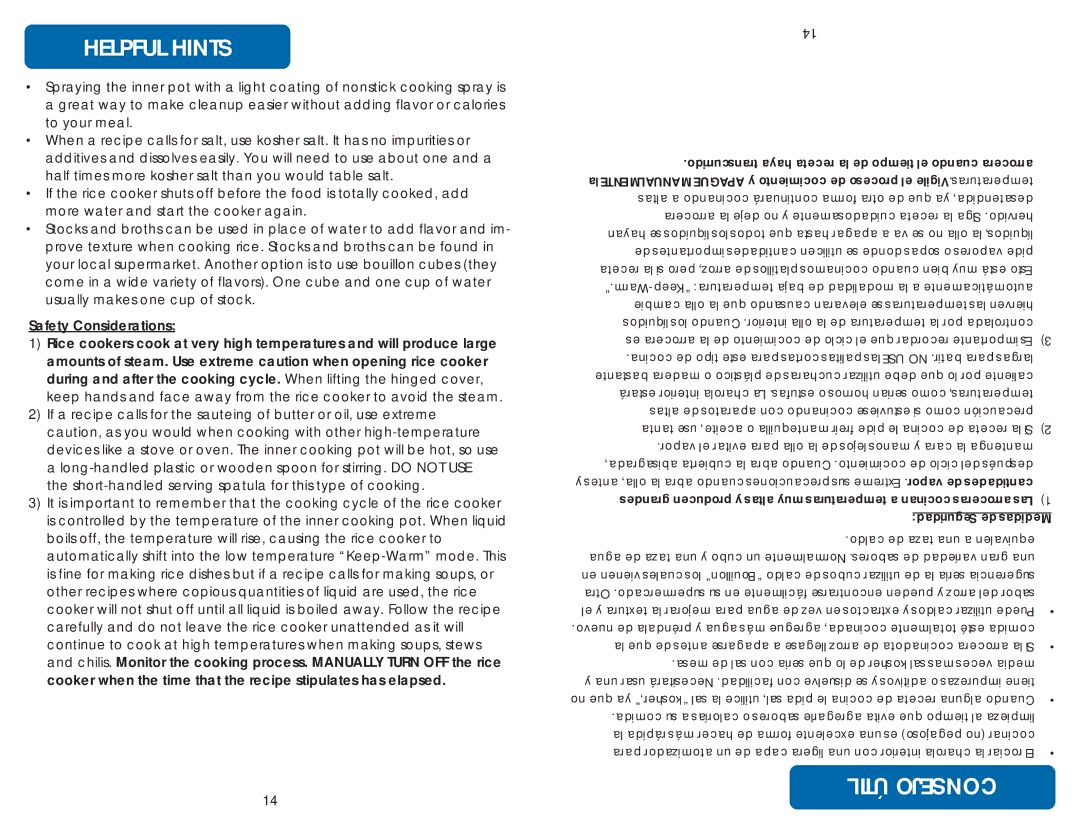 Aroma ARC-150SB Helpful Hints, Útil Consejo, Transcurrido haya receta la de tiempo el cuando arrocera, Temperaturas 