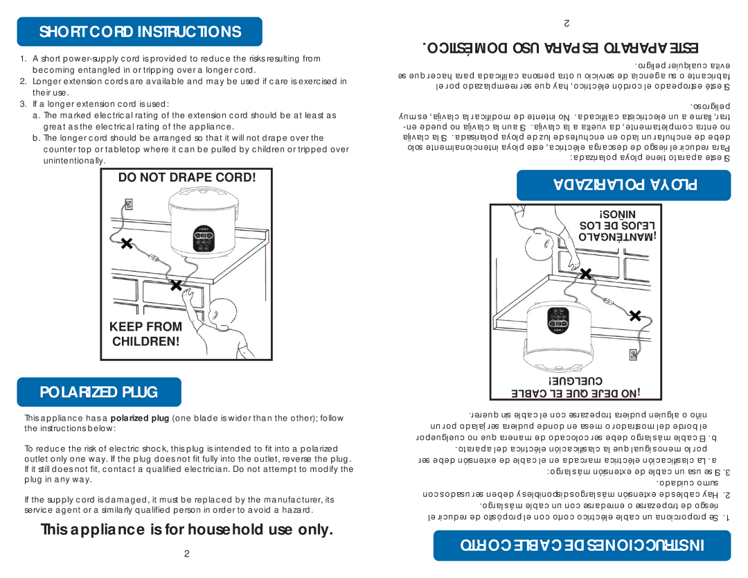 Aroma ARC-150SB instruction manual Short Cord Instructions, Polarized Plug, Corto Cable DE Instrucciones 