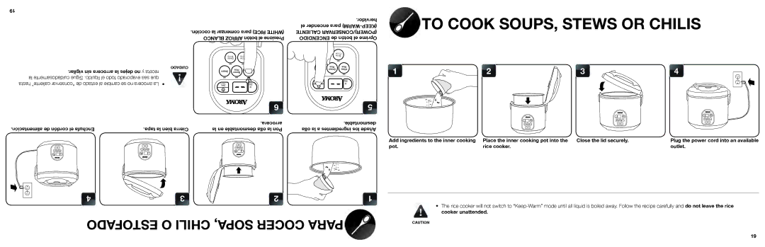 Aroma ARC-150SB manual To Cook SOUPS, Stews or Chilis, Oblanc 