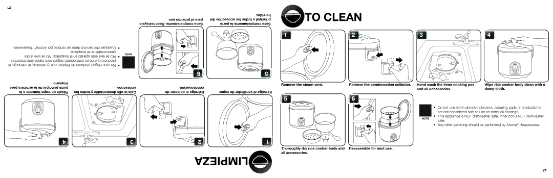 Aroma ARC-150SB manual To Clean, Uso próximo el para, Reconstrúyelo .completamente Seca, Accesorios Condensación 