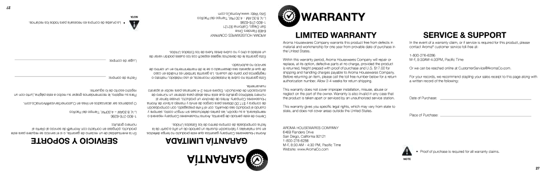 Aroma ARC-150SB manual Garantía, Warranty, Compra de Lugar Compra de Fecha, Comprobación con prepagado, ete 