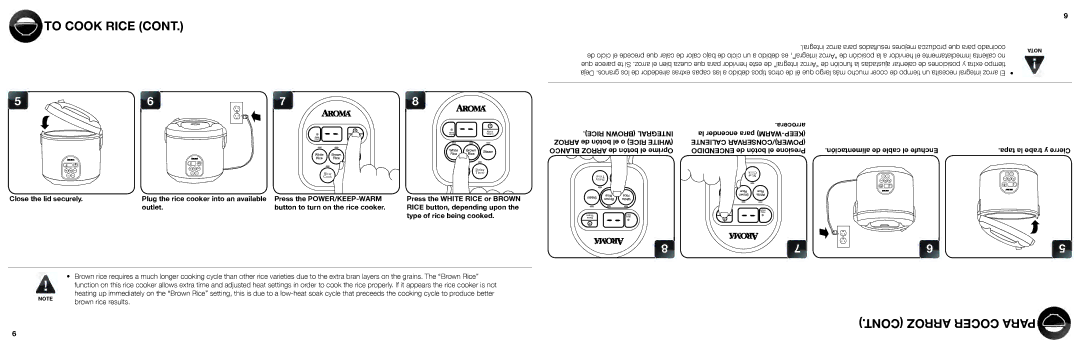 Aroma ARC-150SB manual To Cook Rice, Arroz Cocer Para, Rice Brown Integral, Caliente POWER/CONSERVAR 