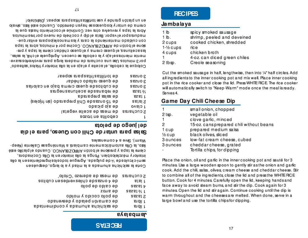 Aroma ARC-150SB instruction manual Recipes, pelota de juego del, Jambalaya, Game Day Chili Cheese Dip, Recetas 