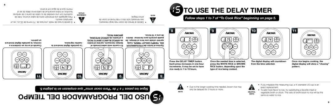 Aroma ARC-150SB manual To Use The Delay Timer, Tiempo Del Programador Del Uso, 5 página la en empiezan que arroz”” 