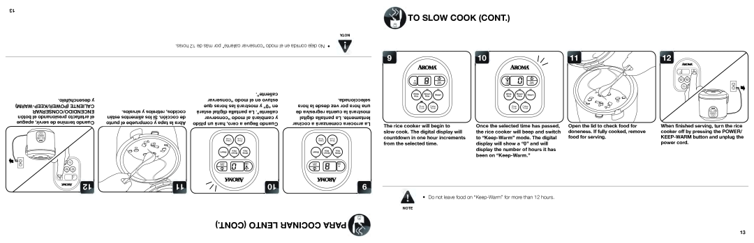Aroma ARC-150SB manual To Slow Cook Cont, Cont Lento Cocinar Para, ”caliente” 