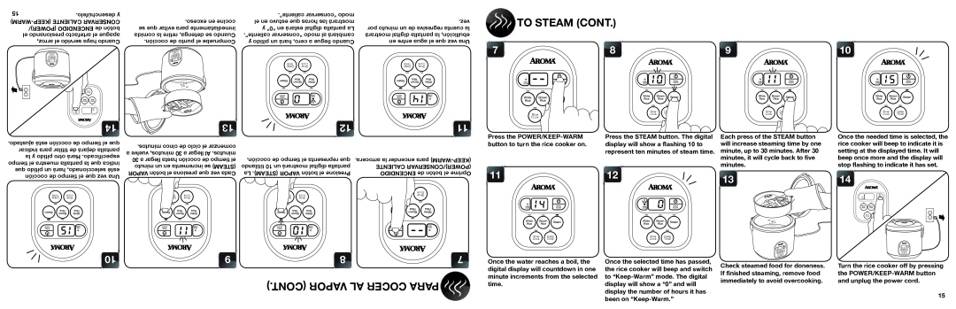 Aroma ARC-150SB manual To Steam Cont, Cont Vapor Al Cocer Para 