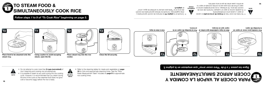 Aroma ARC-150SB manual To Steam Food Simultaneously Cook Rice, Follow steps 1 to 9 of ““To Cook Rice”” beginning on page 