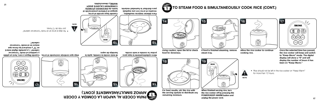 Aroma ARC-150SB manual To Steam Food & Simultaneously Cook Rice Cont, Cont Simultáneamente Arroz 