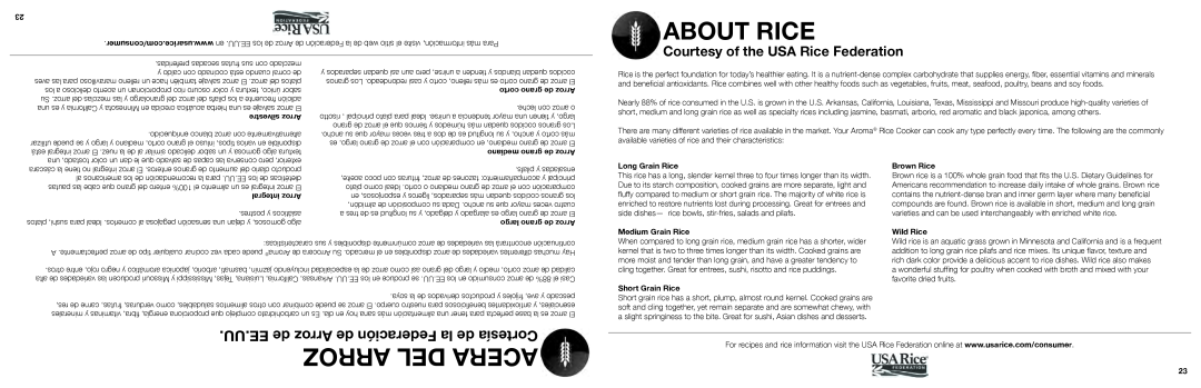 Aroma ARC-150SB manual About Rice, Arroz Del Acera, UU.EE de Arroz de Federación la de Cortesía 