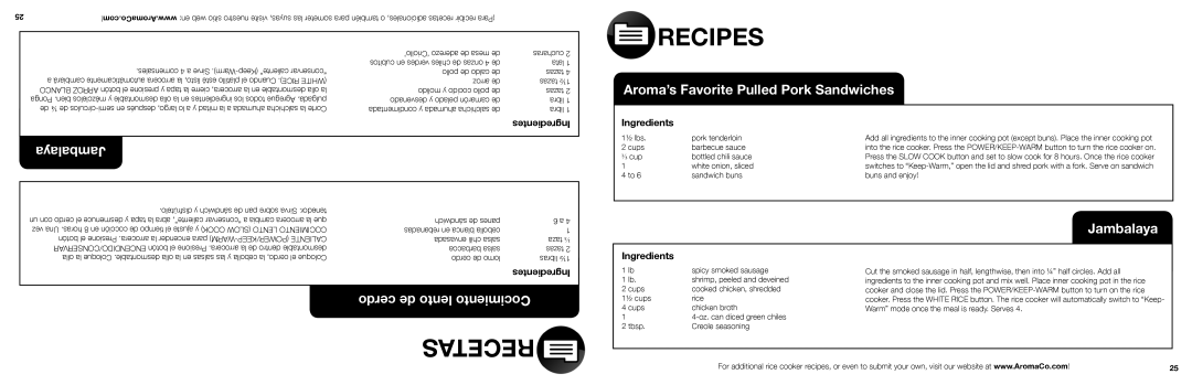 Aroma ARC-150SB manual Recipes, Recetas, Jambalaya, Aroma’’s Favorite Pulled Pork Sandwiches, cerdo de lento Cocimiento 