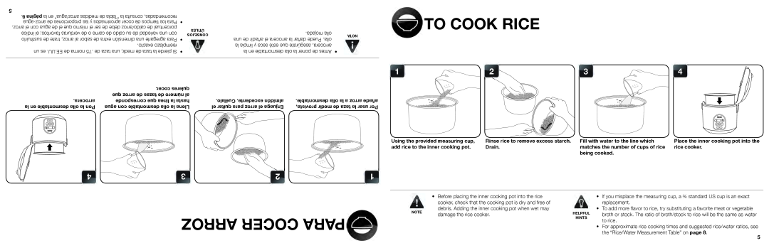 Aroma ARC-150SB manual To Cook Rice, Arroz Cocer Para 