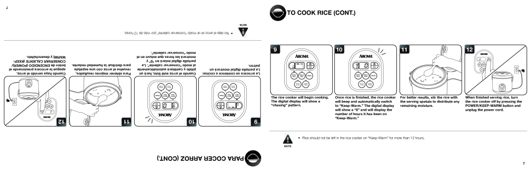 Aroma ARC-150SB manual To Cook Rice Cont, Cont Arroz Cocer Para, ““conservar modo el en arroz el deje No • 