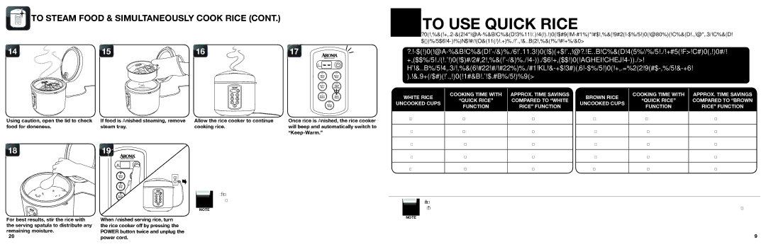 Aroma ARC-2000SB instruction manual To USE Quick Rice, To Steam Food & Simultaneously Cook Rice 