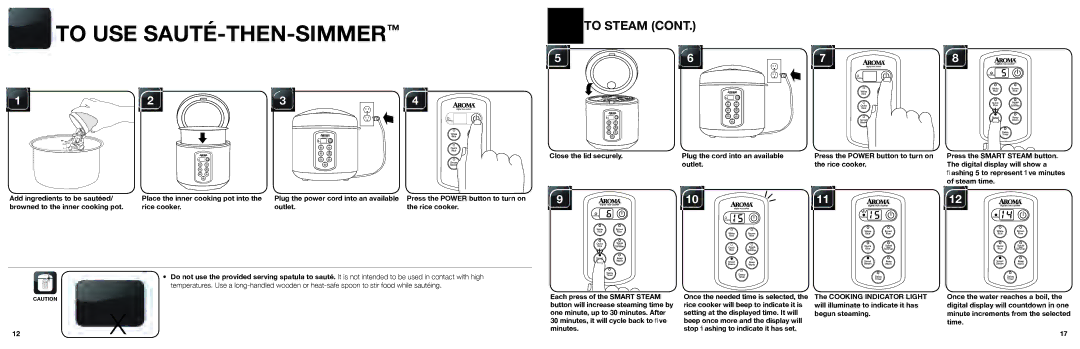 Aroma ARC-2000SB Steam time, Cooking Indicator Light, Will illuminate to indicate it has, Begun steaming, Time 