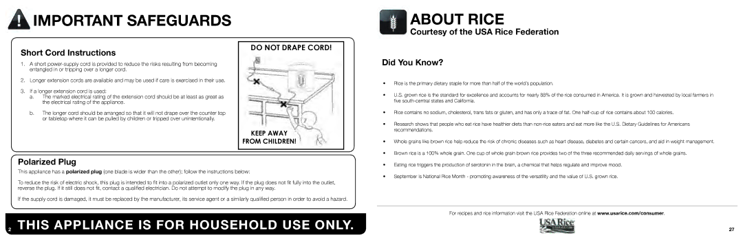 Aroma ARC-2000SB instruction manual About Rice, Short Cord Instructions 