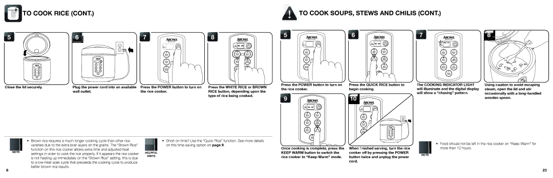 Aroma ARC-2000SB instruction manual To Cook Rice To Cook SOUPS, Stews and Chilis 