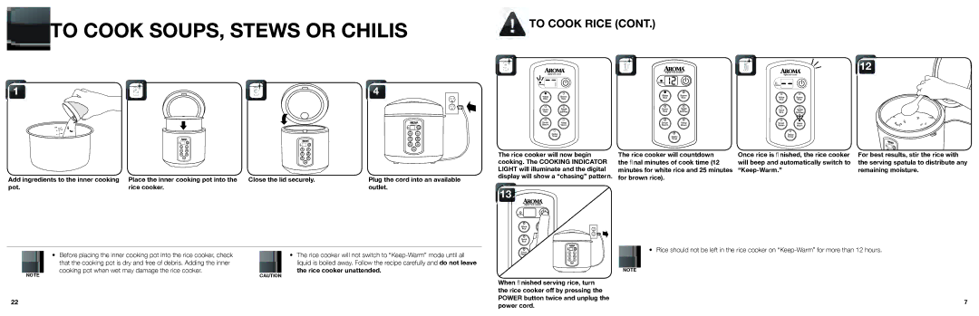 Aroma ARC-2000SB instruction manual To Cook SOUPS, Stews or Chilis, To Cook Rice 