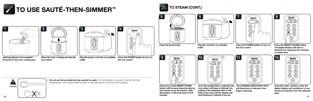 Aroma ARC-2000SB instruction manual To Use Sauté-Then-Simmer™, To Steam Cont 
