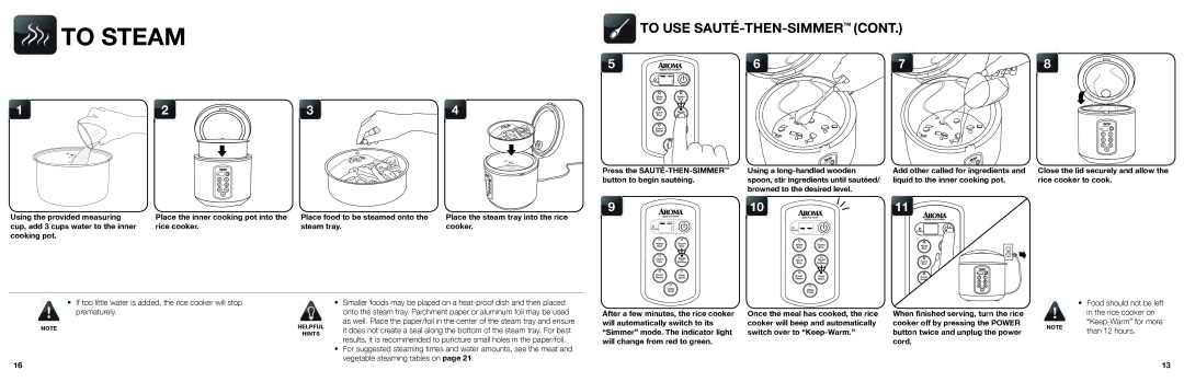 Aroma ARC-2000SB instruction manual To Steam, To Use Sauté-Then-Simmer™ Cont 