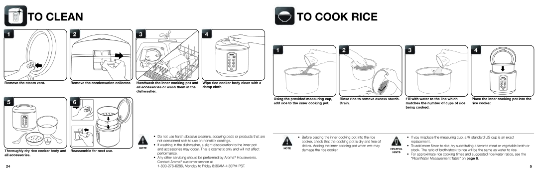 Aroma ARC-2000SB instruction manual To Clean, To Cook Rice 