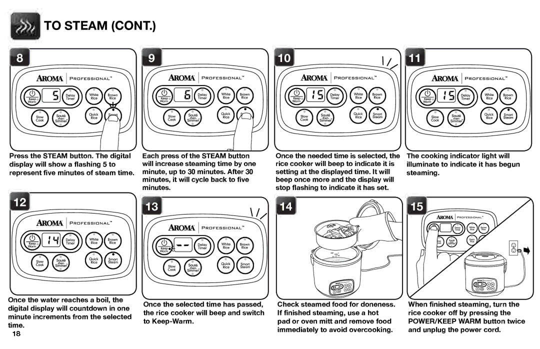 Aroma ARC-3000SB instruction manual To Steam, Press the Steam button. The digital 