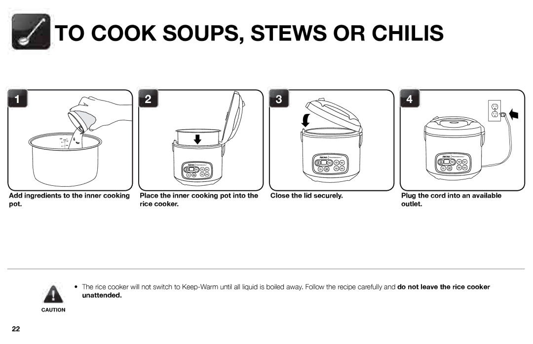 Aroma ARC-3000SB instruction manual To Cook SOUPS, Stews or Chilis, Pot Rice cooker Outlet 