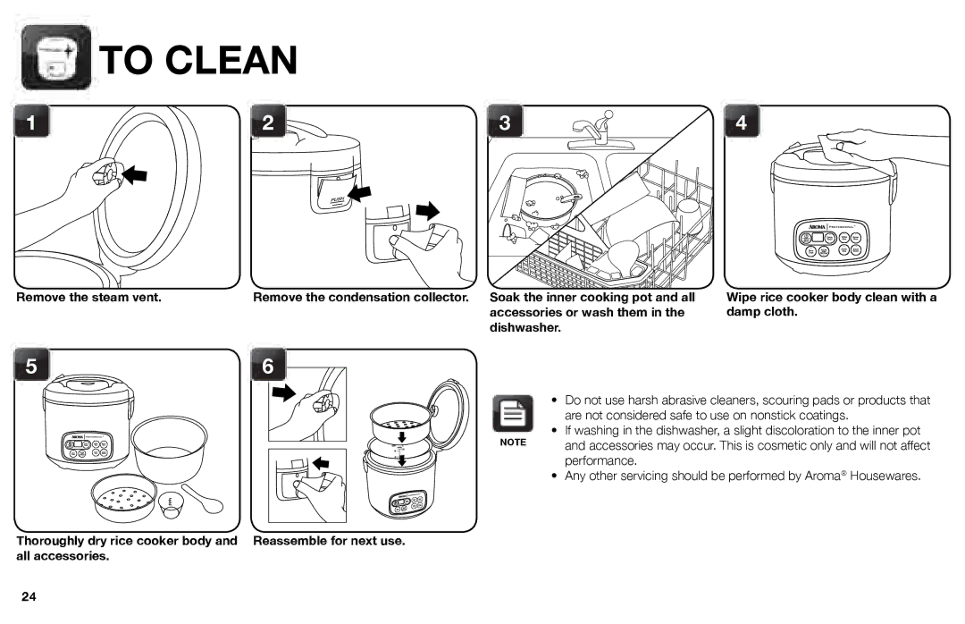 Aroma ARC-3000SB To Clean, Remove the steam vent, Dishwasher, Wipe rice cooker body clean with a damp cloth 