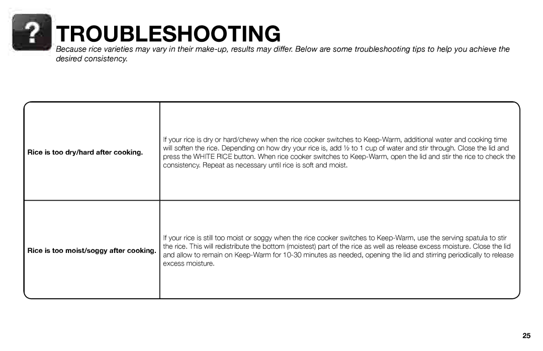 Aroma ARC-3000SB instruction manual Troubleshooting, Rice is too dry/hard after cooking 