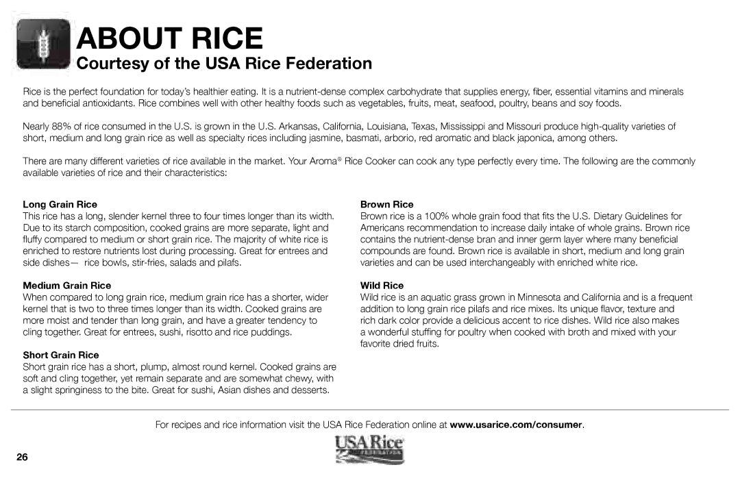 Aroma ARC-3000SB instruction manual About Rice 