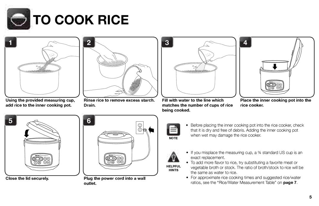 Aroma ARC-3000SB instruction manual To Cook Rice, Using the provided measuring cup, Outlet, Same as water to rice 