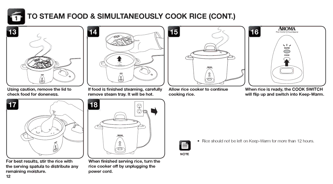 Aroma ARC-360-NGP manual To Steam Food & Simultaneously Cook Rice, Remove steam tray. It will be hot Cooking rice 