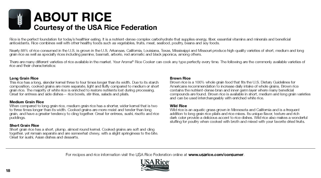 Aroma ARC-360-NGP manual About Rice, Courtesy of the USA Rice Federation 