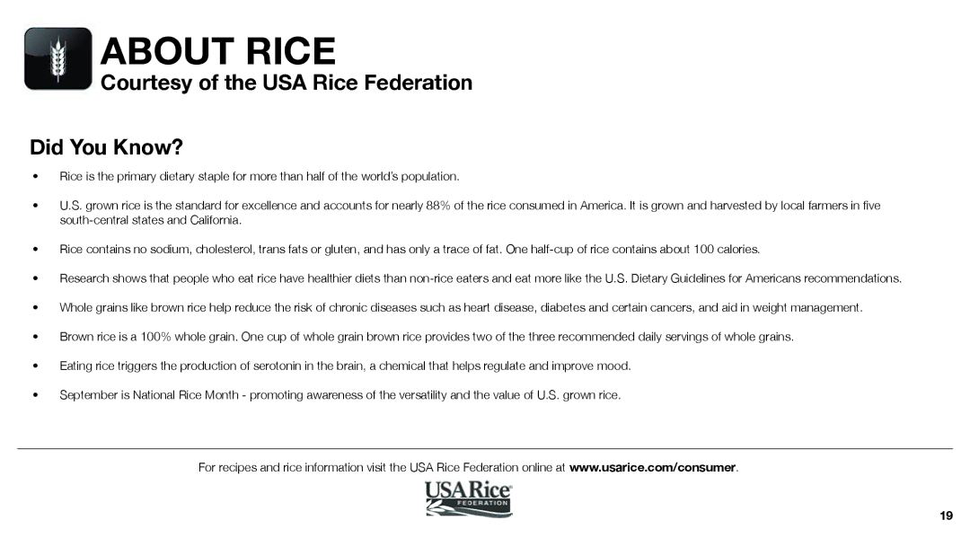 Aroma ARC-360-NGP manual Courtesy of the USA Rice Federation Did You Know? 