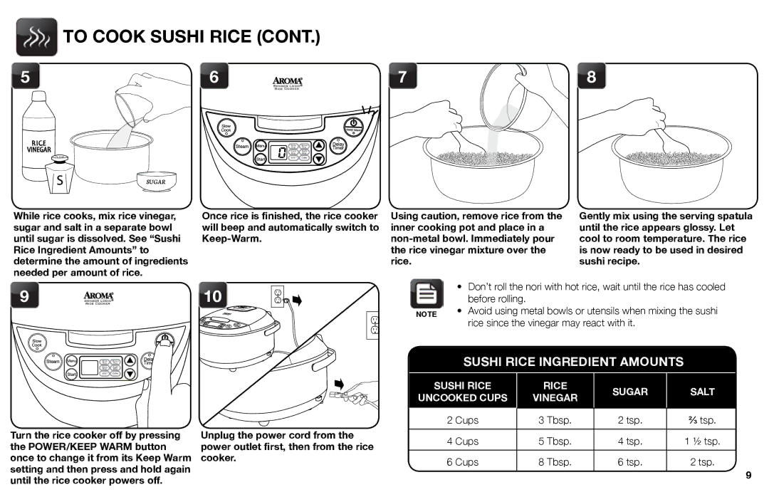 Aroma ARC-526 instruction manual To Cook Sushi Rice, Cups, Tsp 