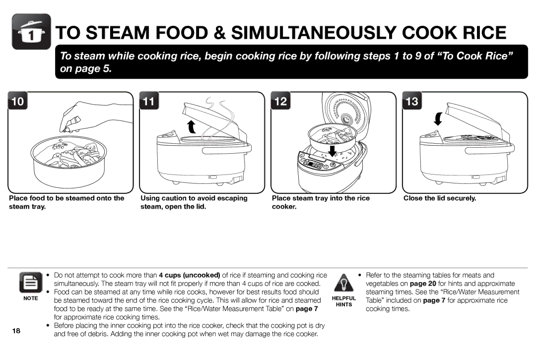 Aroma ARC-526 instruction manual Place steam tray into the rice, For approximate rice cooking times 