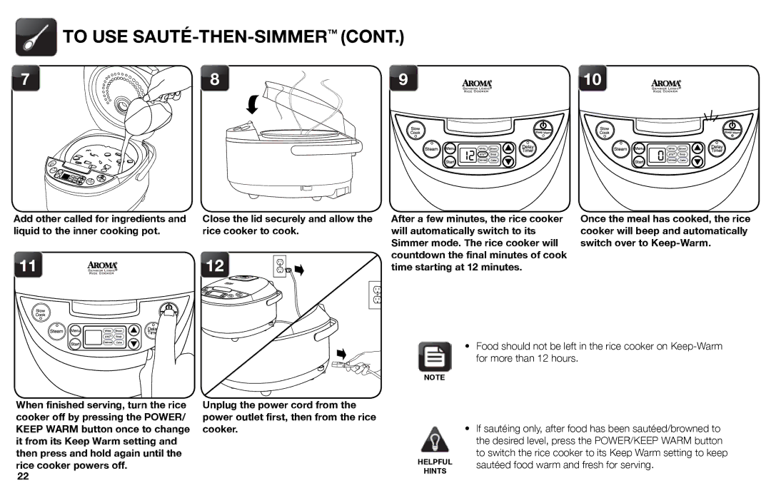 Aroma ARC-526 instruction manual To USE SAUTÉ-THEN-SIMMERCONT, Liquid to the inner cooking pot Rice cooker to cook 