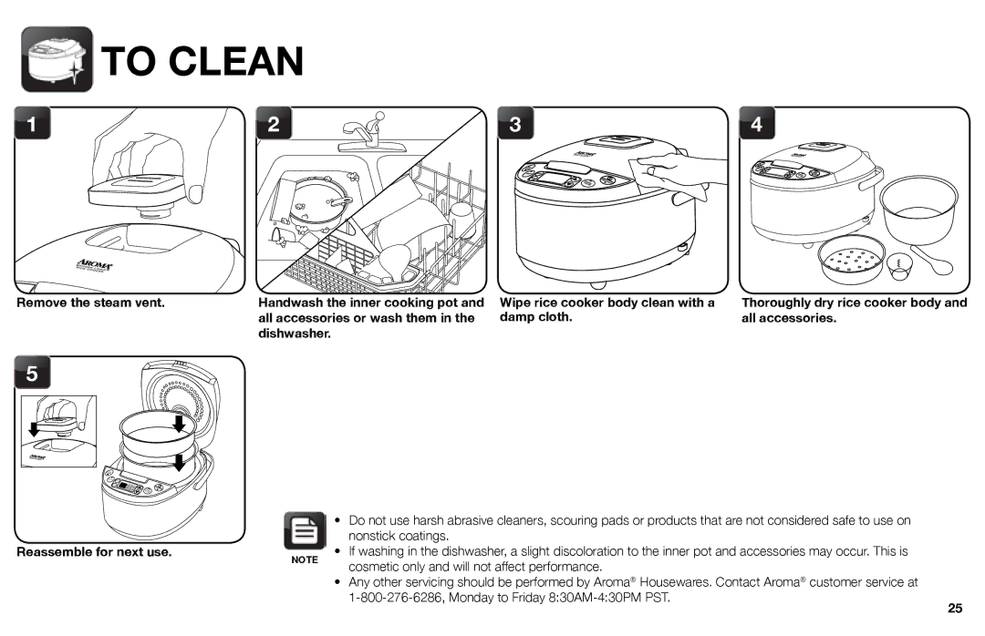 Aroma ARC-526 To Clean, Remove the steam vent, Wipe rice cooker body clean with a, Reassemble for next use 