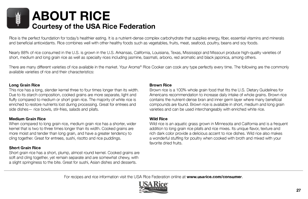 Aroma ARC-526 instruction manual About Rice 