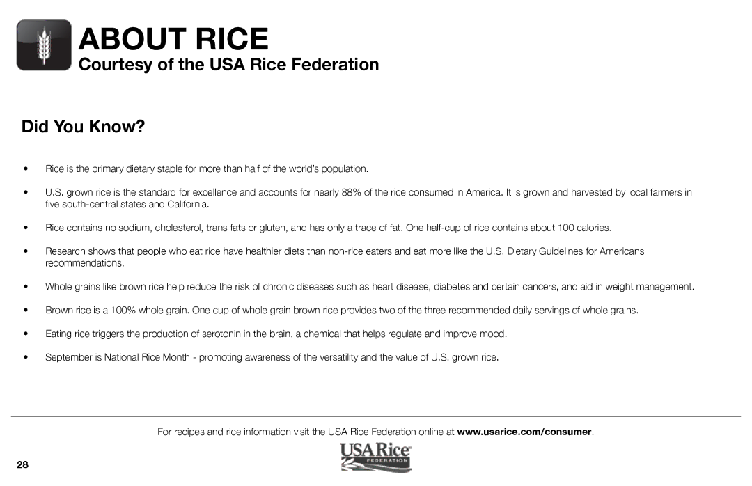 Aroma ARC-526 instruction manual Courtesy of the USA Rice Federation Did You Know? 