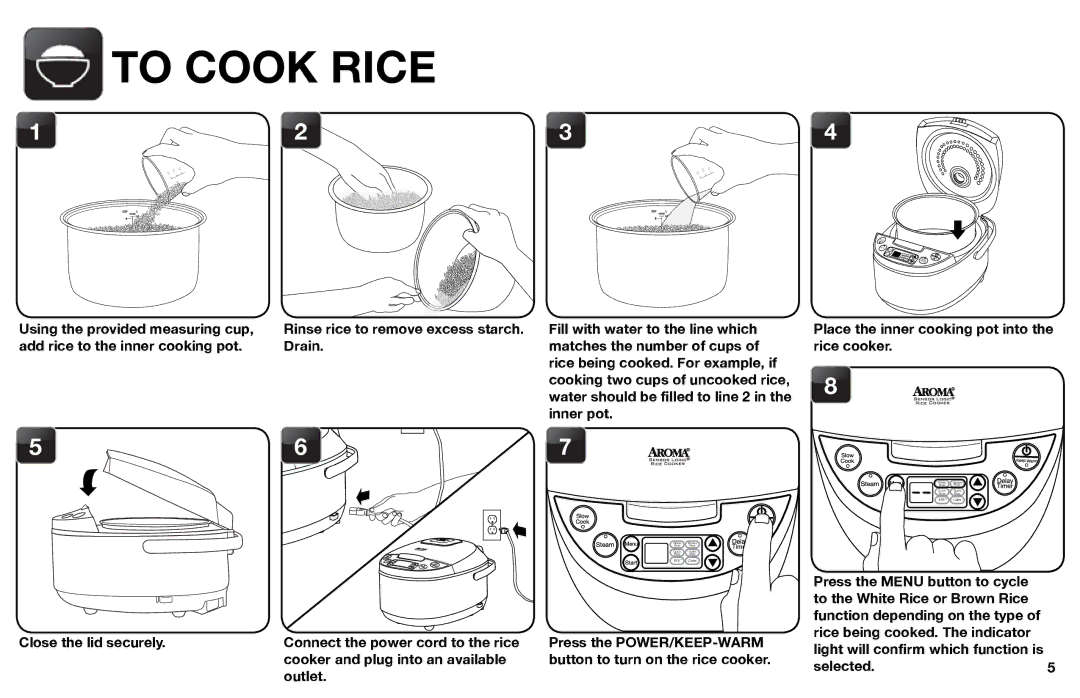 Aroma ARC-526 To Cook Rice, Using the provided measuring cup, Outlet, Place the inner cooking pot into the rice cooker 