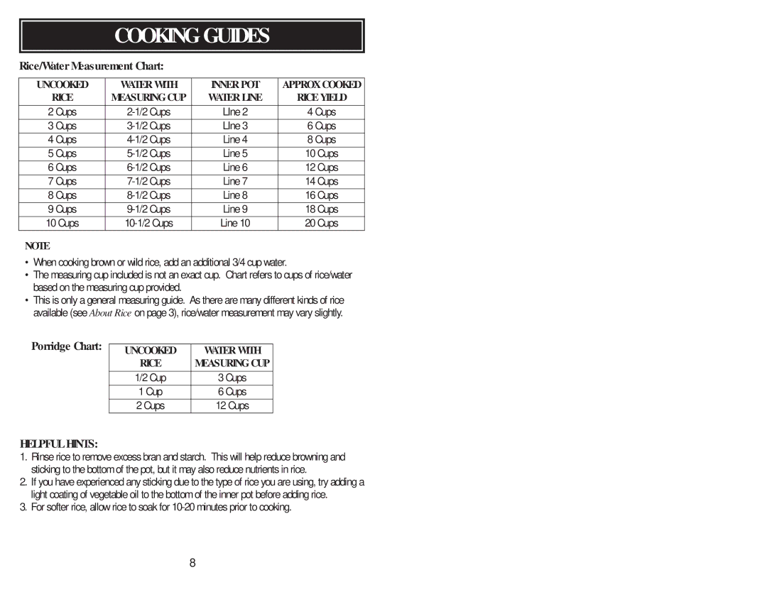 Aroma ARC-530 instruction manual Cooking Guides, Rice/Water Measurement Chart, Porridge Chart 
