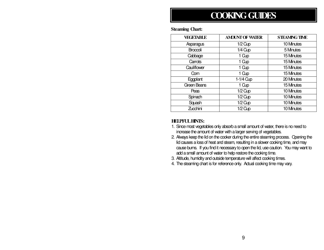 Aroma ARC-530 instruction manual Steaming Chart 