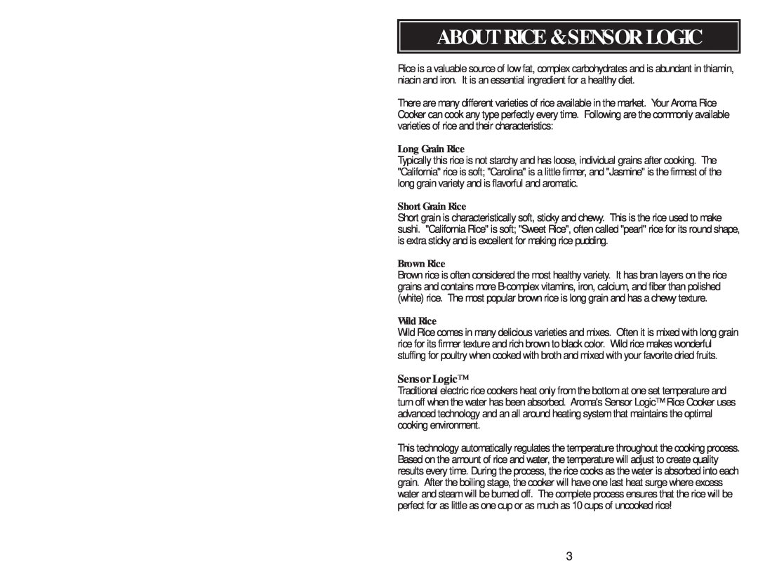 Aroma ARC-530 instruction manual About Rice & Sensor Logic 