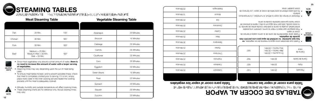 Aroma ARC-614BP instruction manual Steaming Tables, Vegetables 