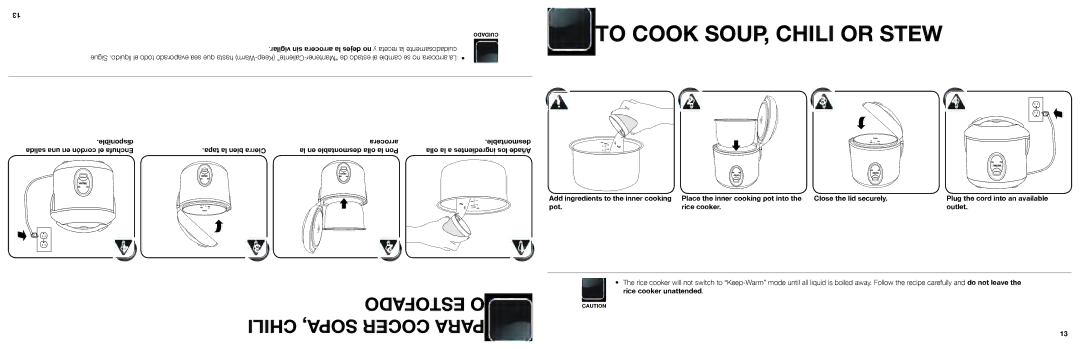 Aroma ARC-614BP instruction manual To Cook SOUP, Chili or Stew, Estofado O Chili SOPA, Cocer Para 