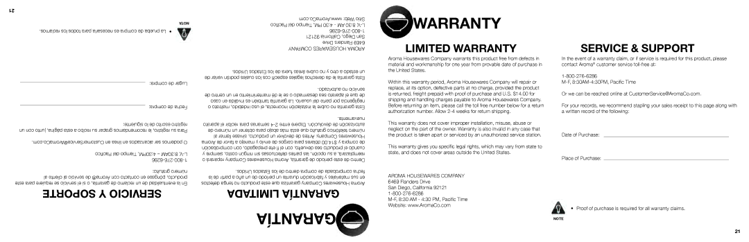 Aroma ARC-614BP instruction manual Garantía, Warranty, Compra de Lugar Compra de Fecha, Comprobación con prepagado, ete 